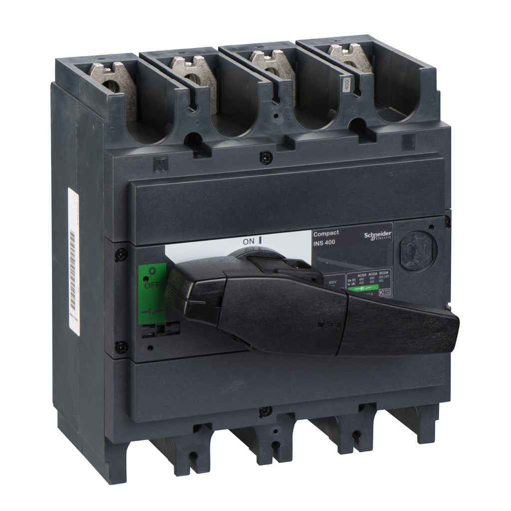 31111 – switch disconnector, Compact INS400, 400A, standard version with black rotary handle, 4 poles