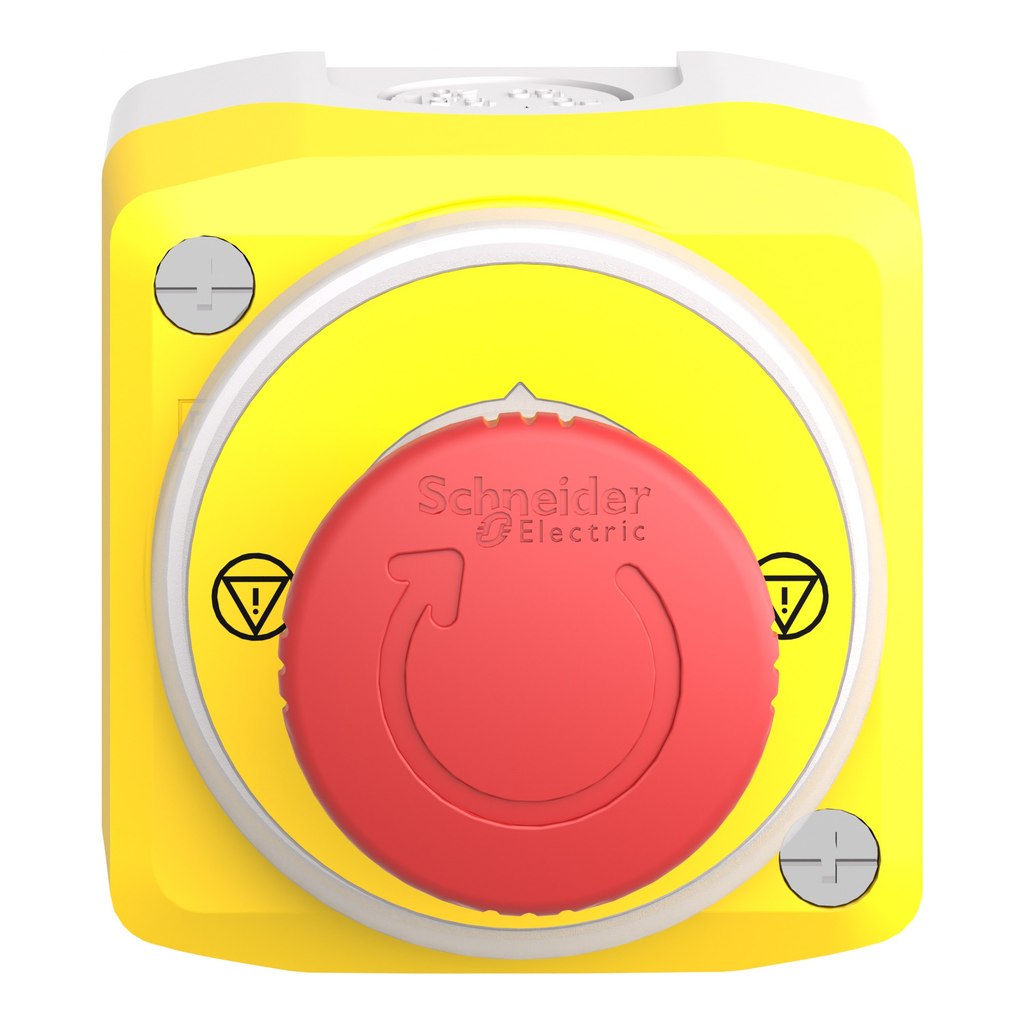 Mayer-DDS-Control station, Harmony XALD, plastic, yellow lid, 1 emergency stop 40mm, turn to release, illuminated ring white red fixed, 1NO 1NC, 24V AC DC-2