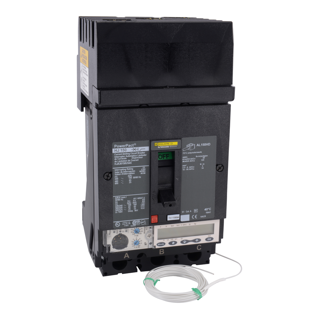 HJA36150U54X – Circuit breaker, PowerPacT H, 150A, 3 pole, 600VAC, 25kA, I-Line, Micrologic 6.2E, 80%, ABC