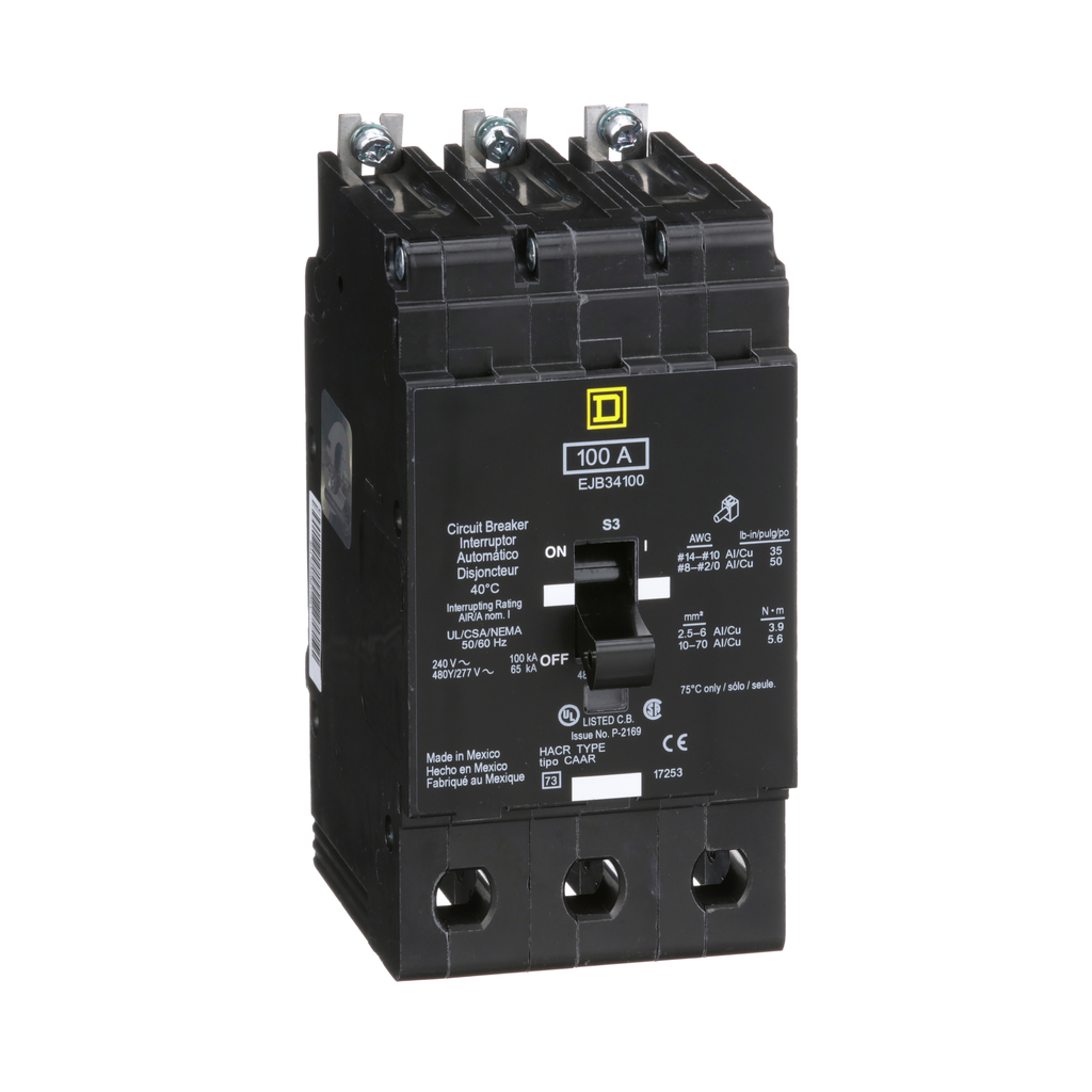 EJB34100 – Mini circuit breaker, E-Frame, 100A, 3 pole, 480Y/277VAC, 100kA max, bolt on