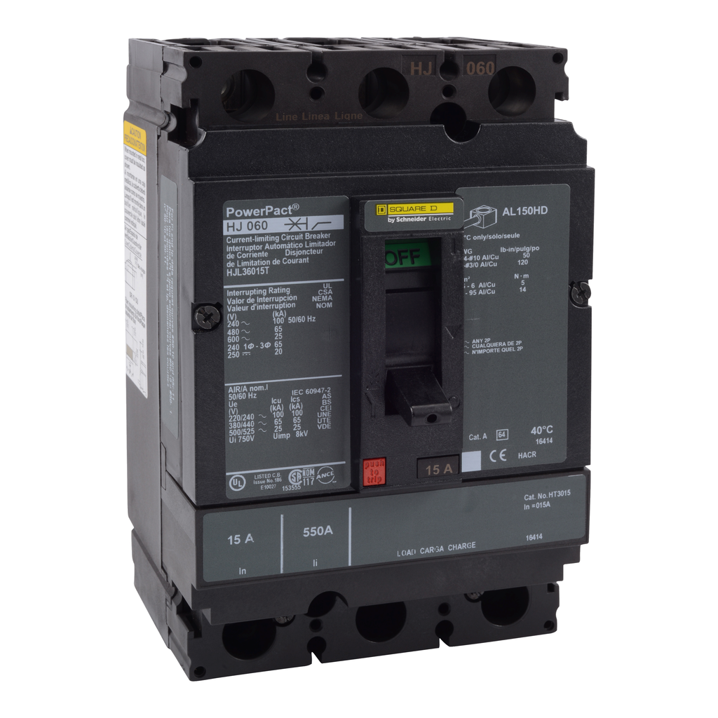 HJL36015T – Circuit breaker, PowerPacT H, 15A, 3 pole, 600VAC, 25kA, lugs, thermal magnetic, 80%, interchangeable trip unit