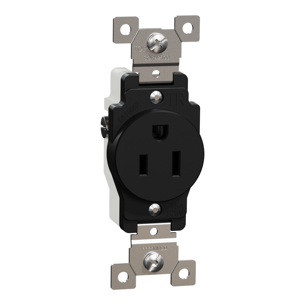 SQR42100BK – Socket-outlet, X Series, 15A, standard, single, tamper resistant, commercial, black, matte finish