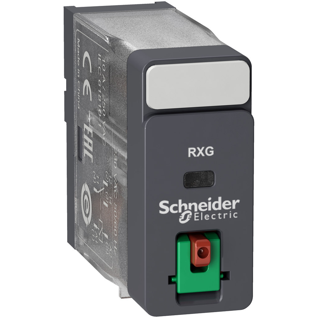 RXG11B7 – interface plug in relay, Harmony Electromechanical Relays, 10A, 1CO, lockable test but to n, 24V AC