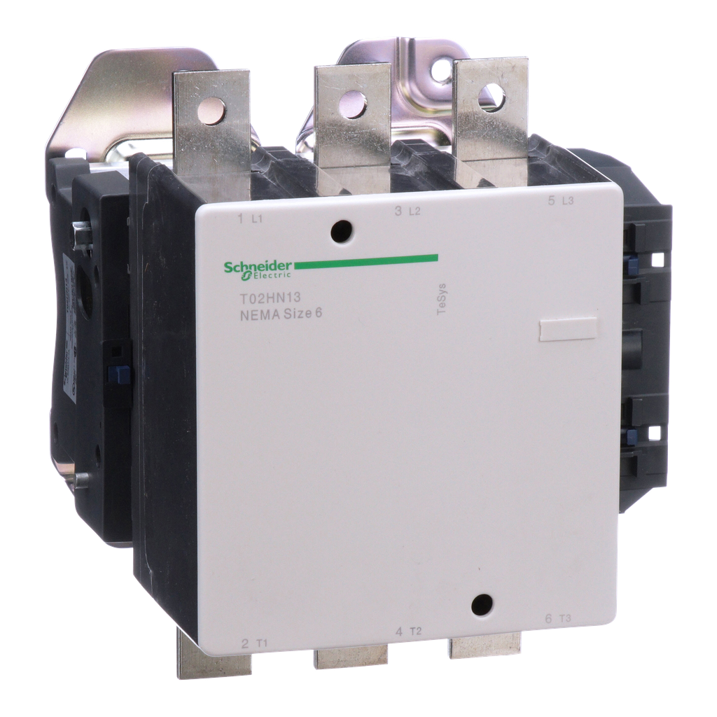 T02HN13F7 – NEMA Contactor, TeSys N, nonreversing, Size 6, 540A, 400HP at 460VAC, 3 pole, 3 phase, 120VAC 50/60Hz coil, open