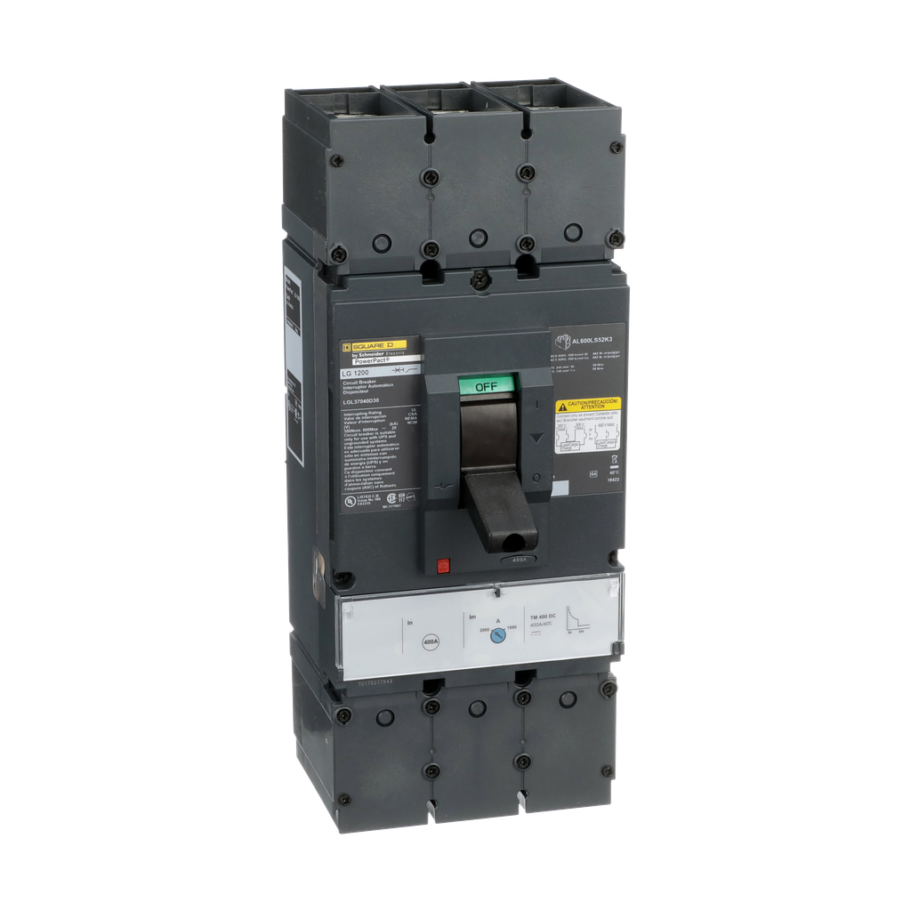 LGL37040D30 – Circuit breaker, PowerPacT L, 400A, 3 pole, 500VDC, 20kA, lugs, thermal magnetic, 80%