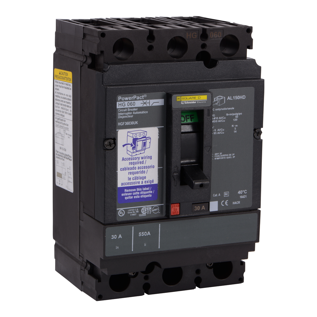 HGF36125UK – Circuit breaker, PowerPacT H, 125A, 3 pole, 600VAC, 18kA, busbar, thermal magnetic, 80%, undervoltage