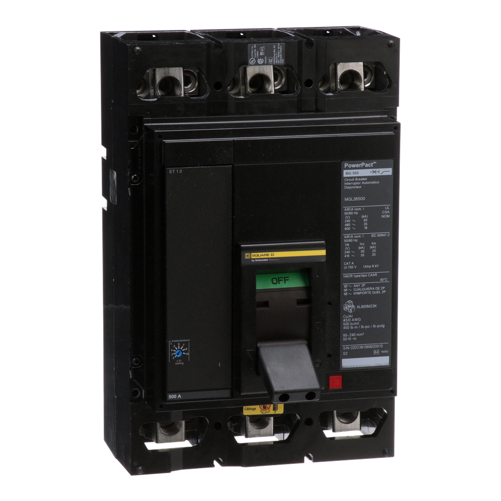 MGL36500 – Circuit breaker, PowerPacT M, 500A, 3 pole, 600VAC, 18kA, lugs, ET 1.0, 80%