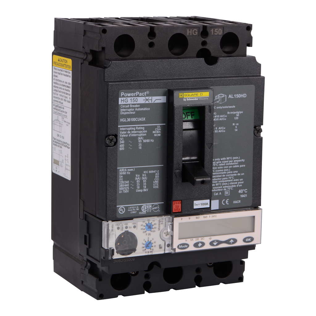 HGL36100CU43X – Circuit breaker, PowerPacT H, 100A, 3 pole, 600VAC, 18kA, lugs, Micrologic 5.2A, 100%