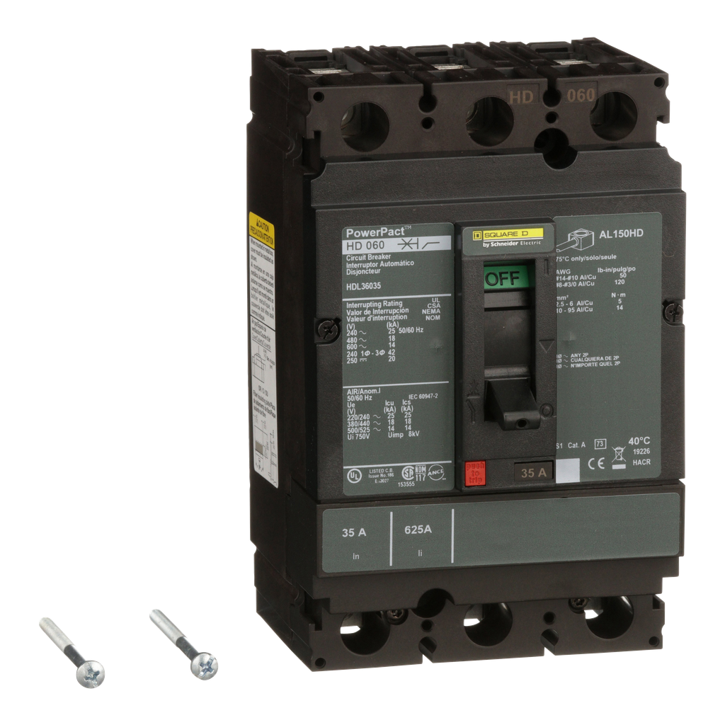 HDL36035 – Circuit breaker, PowerPacT H, 35A, 3 pole, 600VAC, 14kA, lugs, thermal magnetic, 80%