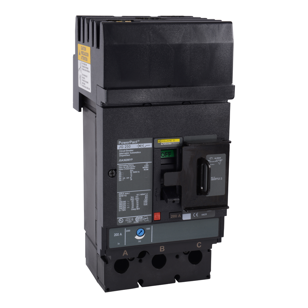 JGA36200YP – Circuit breaker, PowerPacT J, 200A, 3 pole, 600VAC, 18kA, I-Line, thermal magnetic, 80%, ABC, padlock
