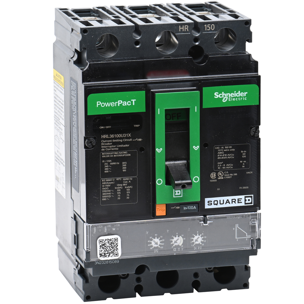 HRL36100U31X – Circuit breaker, PowerPacT H, 100A, 3 pole, 600VAC, 100kA, lugs, Micrologic 3.2, 80%