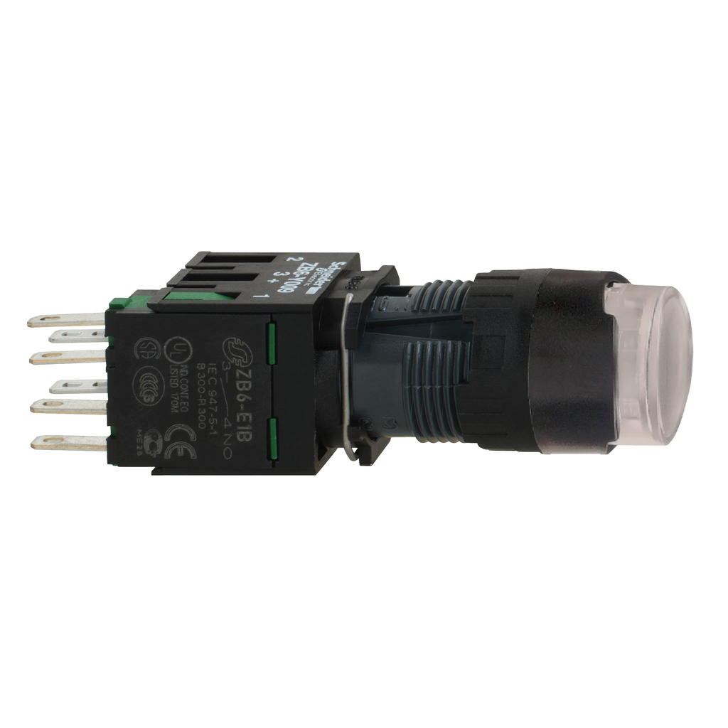 XB6AW1B1B – Complete illuminated push button, Harmony XB6, white projecting illum pushbutton Ø 16 spring return 1 NO 12…24 V