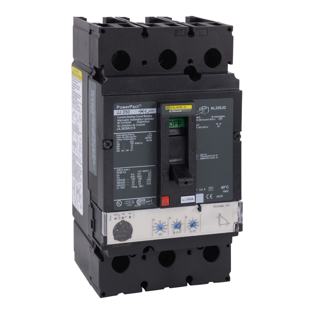 JJL36250U31X – Circuit breaker, PowerPacT J, 250A, 3 pole, 600VAC, 25kA, lugs, Micrologic 3.2, 80%