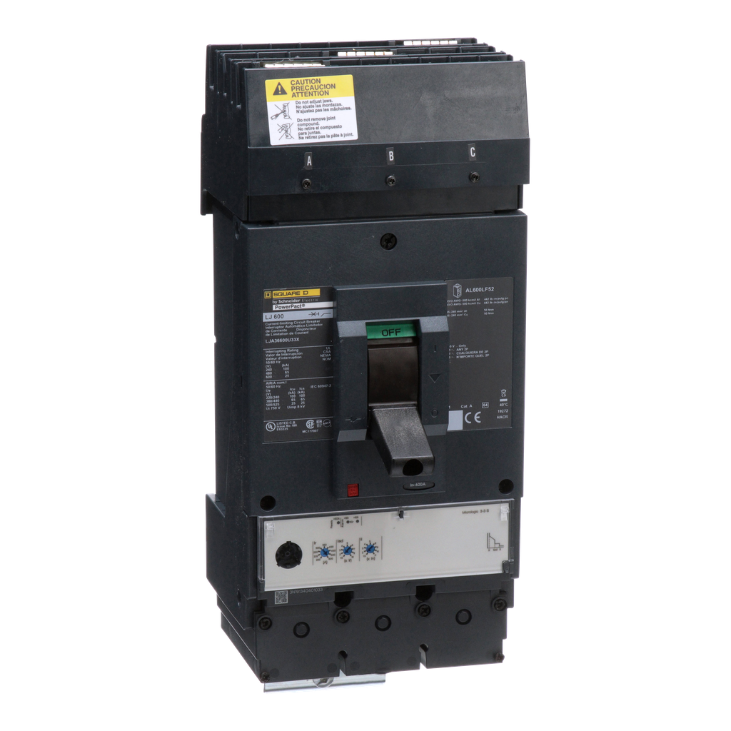 LJA36600U33X – Circuit breaker, PowerPacT L, 600A, 3 pole, 600VAC, 25kA, I-Line, MicroLogic 3.3S, 80%, ABC