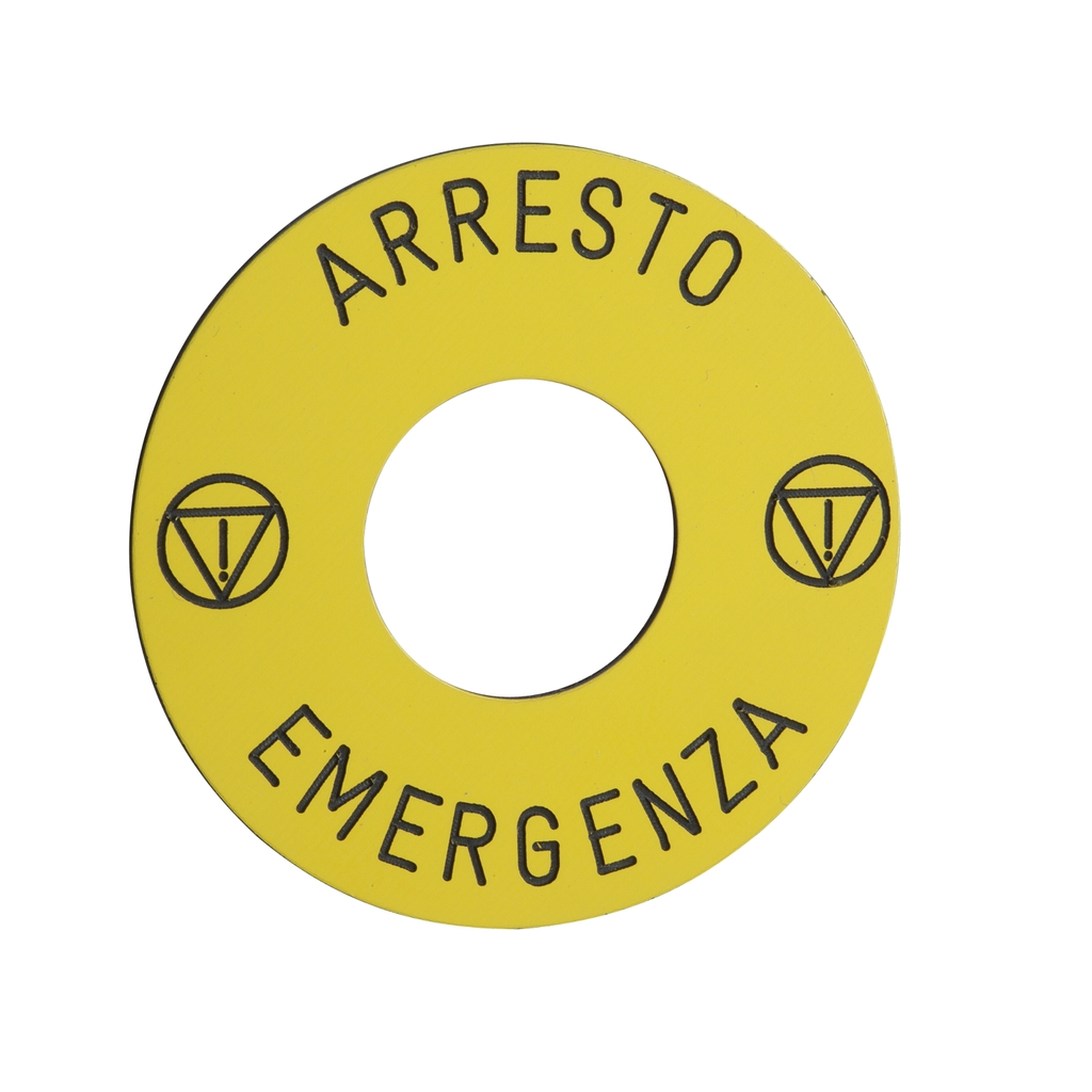 Mayer-DDS-Harmony XB6, marked legend Ø 45 for emergency stop pushbutton, ARRESTO EMERGENZA-1