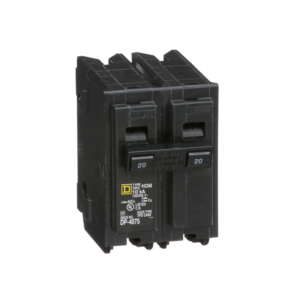 HOM220 – Mini circuit breaker, Homeline, 20A, 2 pole, 120/240VAC, 10kA AIR, standard type, plug in, UL