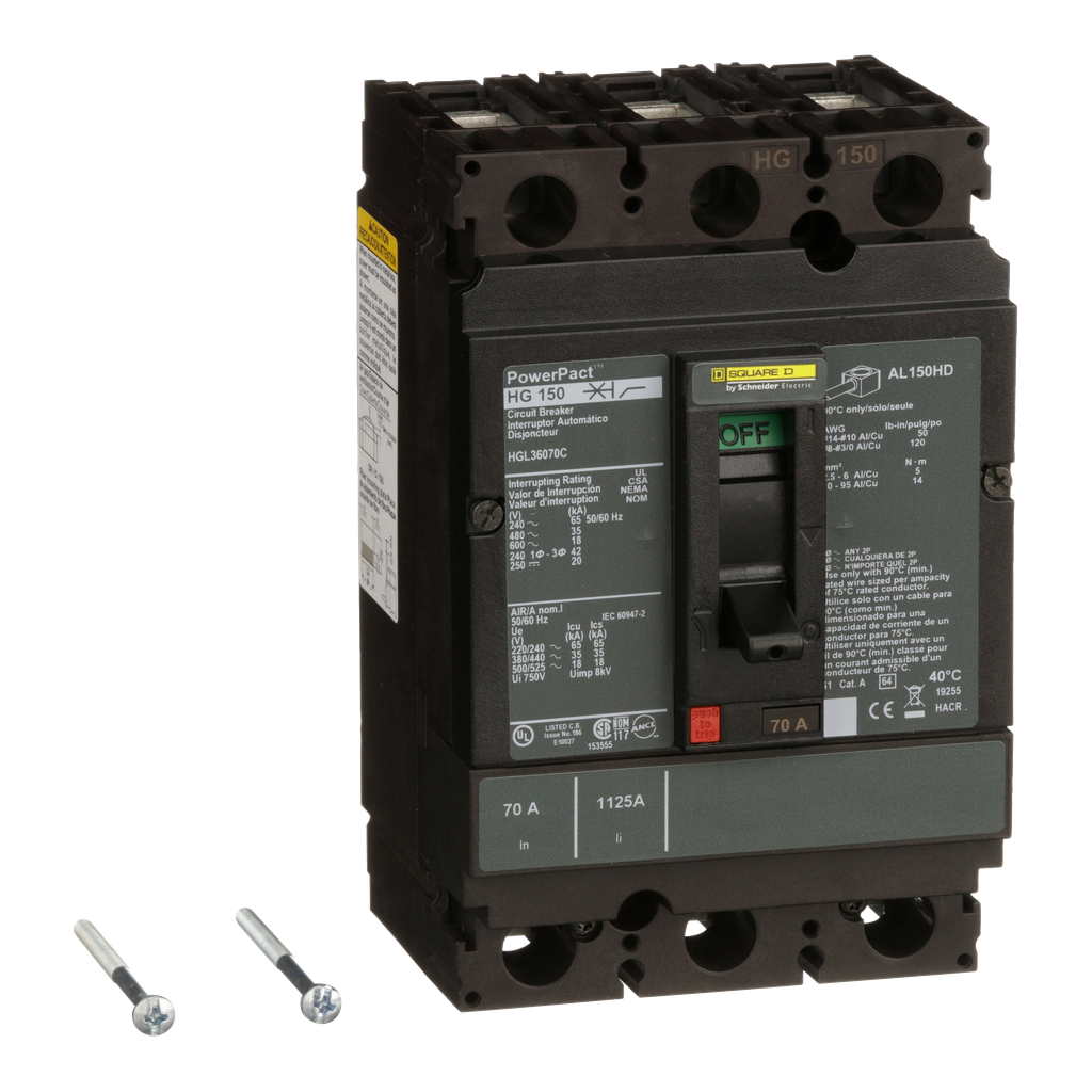 HGL36070C – Circuit breaker, PowerPacT H, 70A, 3 pole, 600VAC, 18kA, lugs, thermal magnetic, 100%
