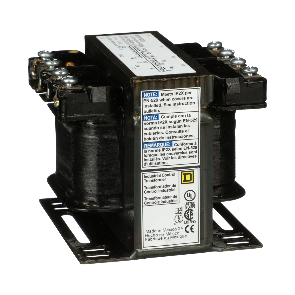 9070T75D23 – Transformer, Type T, industrial control, 75VA, 1 phase, 120x240V primary, 24V secondary, 55C rise