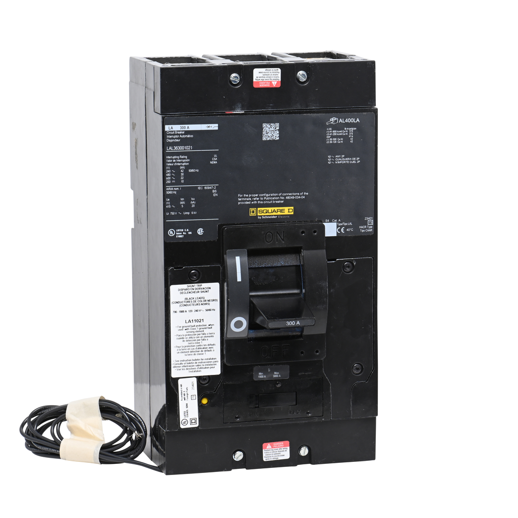 LAL363001021 – Circuit breaker, LA, 300A, 3 pole, 600VAC, 22kA, 250VDC, 10kA, lugs, thermal magnetic, shunt trip
