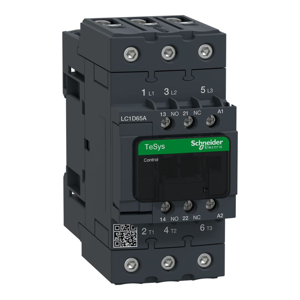 LC1D65AM7 – IEC contactor, TeSys Deca, nonreversing, 65A, 40HP at 480VAC, up to 100kA SCCR, 3 phase, 3 NO, 220VAC 50/60Hz coil, open