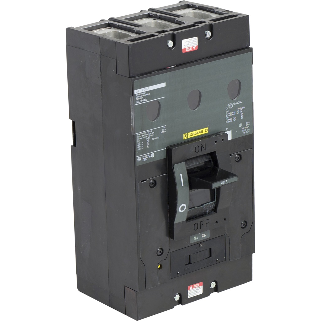 LAL36400V – Circuit breaker, LA, 400A, 3 pole, 600VAC, 22kA, 250VDC, 10kA, lugs, Visi-blade