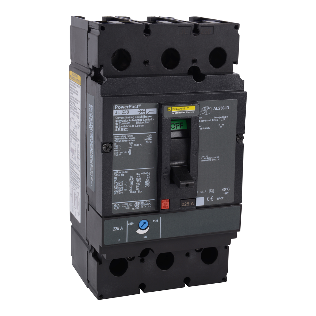 JLM36250 – Circuit breaker, PowerPacT J, 250A, 3 pole, 600VAC, 50kA, lugs, thermal magnetic, 80%