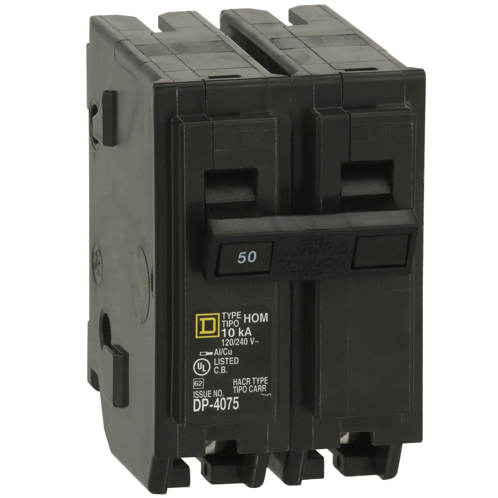 HOM250C – Mini circuit breaker, Homeline, 50A, 2 pole, 120/240VAC, 10kA AIR, standard type, plug in, UL