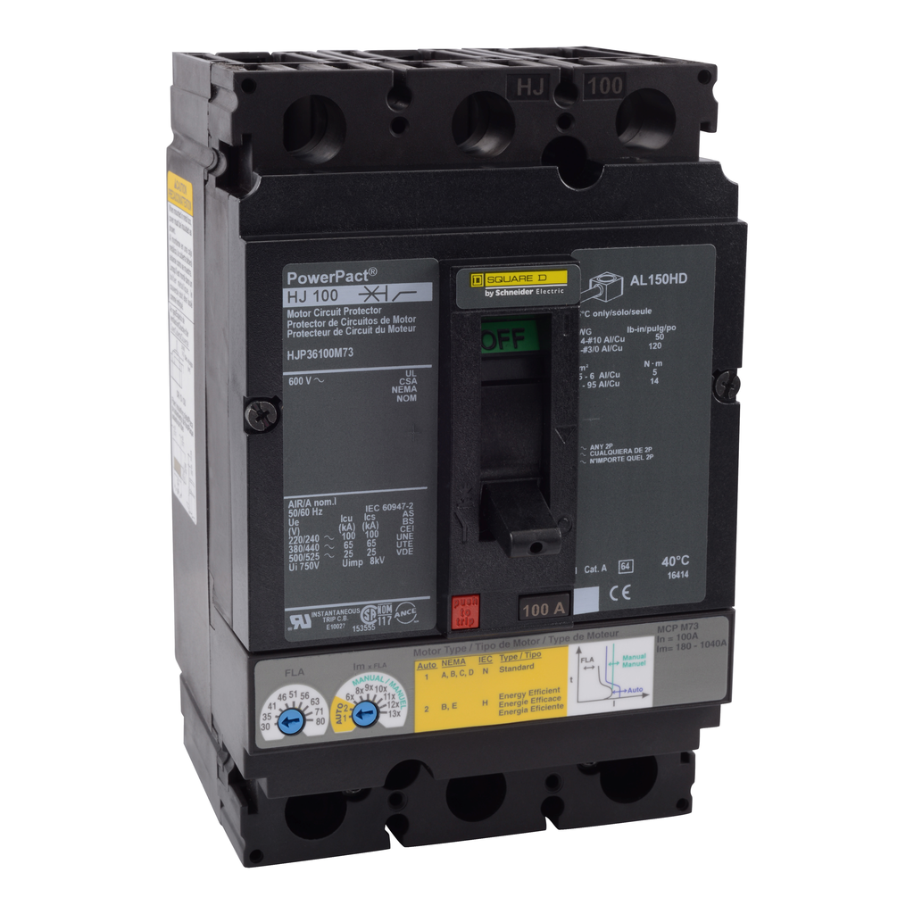 HJP36100M73 – Motor circuit protector, PowerPacT H, 100A, 3 pole, 600VAC, 25kA, lugs, thermal magnetic, 80%
