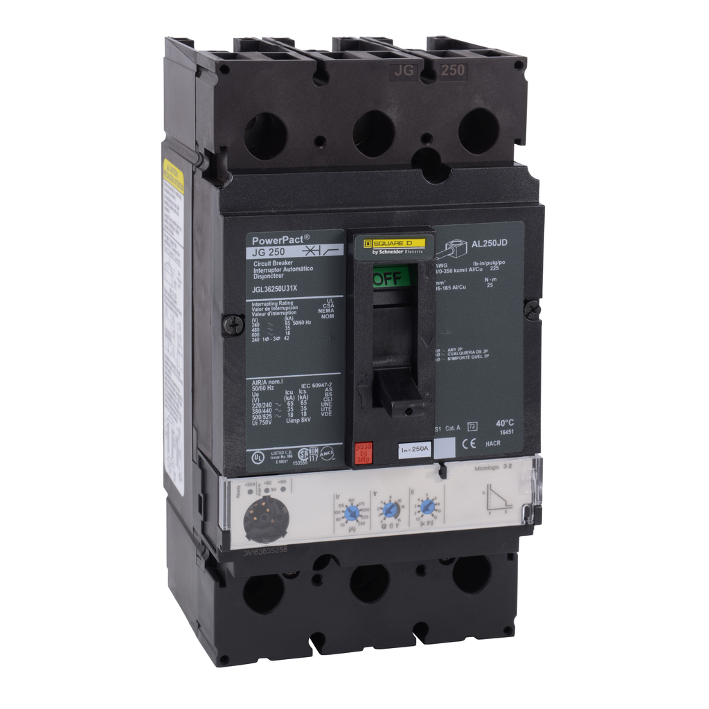 JGL34250WU31X – Circuit breaker, PowerPacT J, 250A, 3 pole, 480VAC, 35kA, lugs, Micrologic 3.2, 80%, mission critical