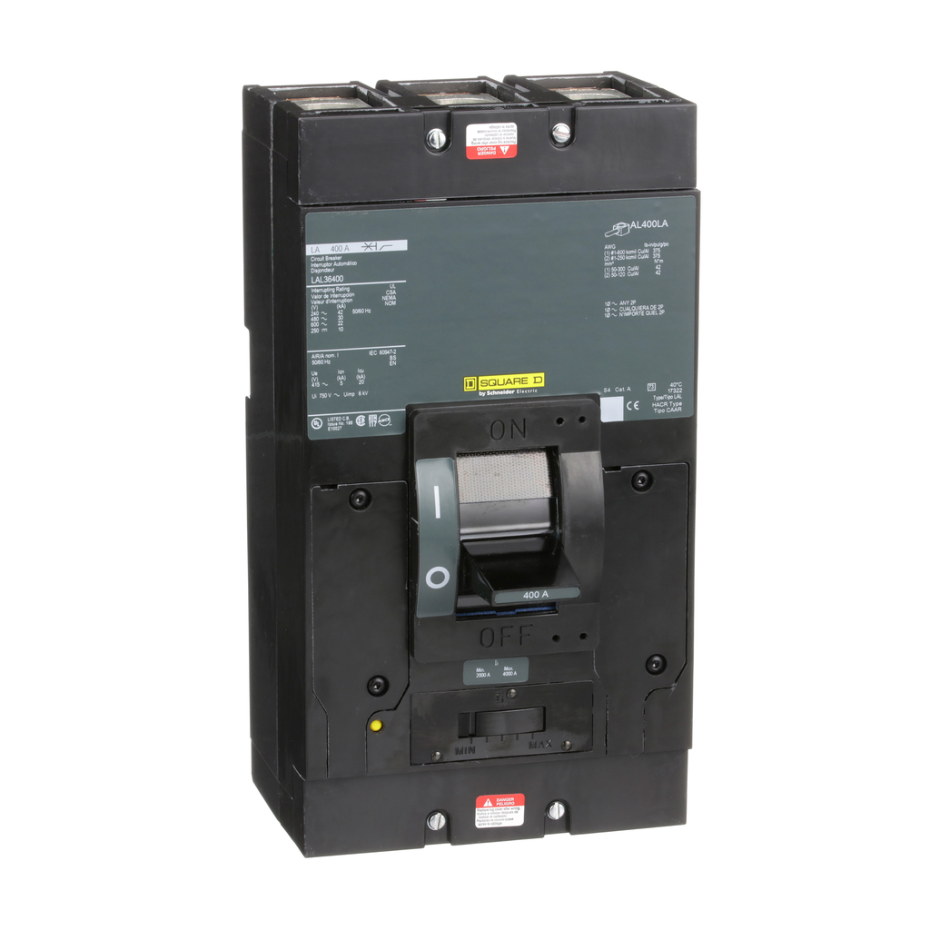 LAL36400 – Circuit breaker, LA, 400A, 3 pole, 600VAC, 22kA, 250VDC, 10kA, lugs, thermal magnetic