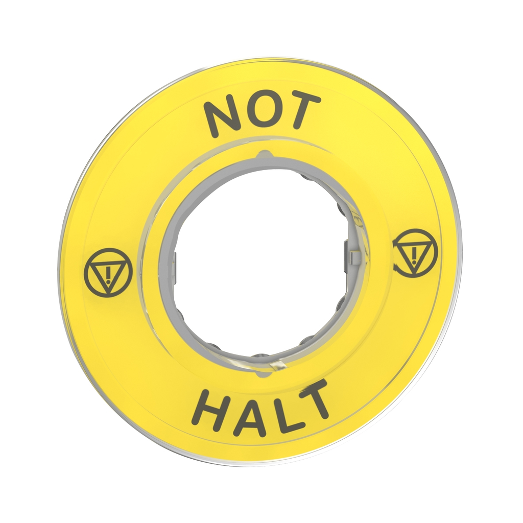Mayer-DDS-Marked legend, Harmony XB4, Harmony XB5, yellow, 60mm, for emergency stop, marked NOT HALT/logo ISO13850-1