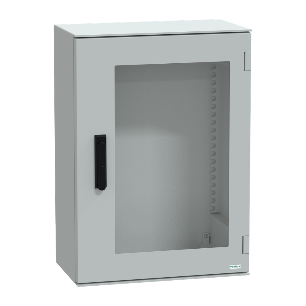 NSYPLM75TVG – Wall mounted polyester enclosure, Thalassa PLM, glazed door, with handle, 747x536x300mm, IP66, IK08, RAL 7035