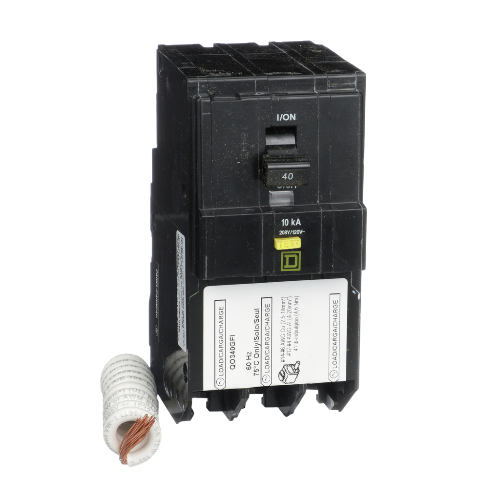 QO340GFI – Mini circuit breaker, QO, 40A, 3 pole, 208Y/120VAC, 10kA, plug in, 6mA grd fault A, pigtail