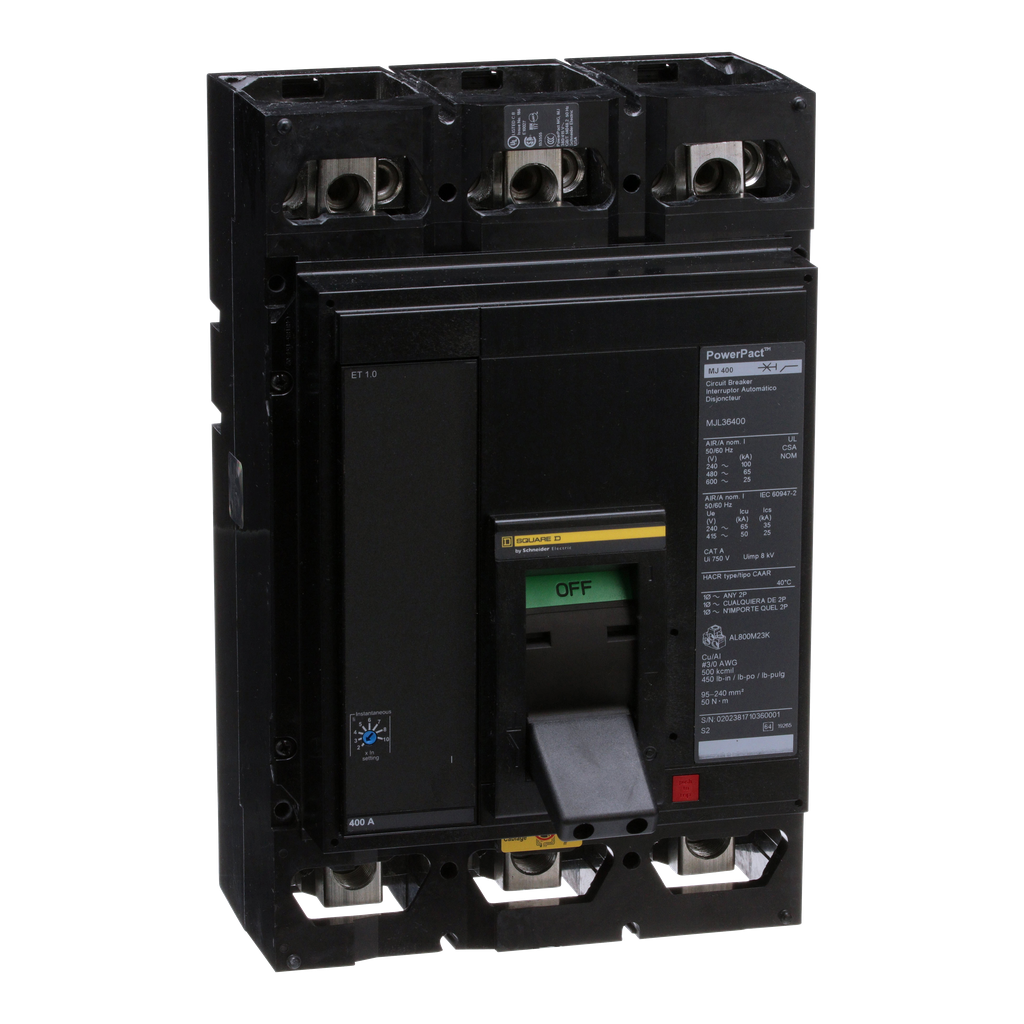 MJL36400 – Circuit breaker, PowerPacT M, 400A, 3 pole, 600VAC, 25kA, lugs, ET 1.0, 80%