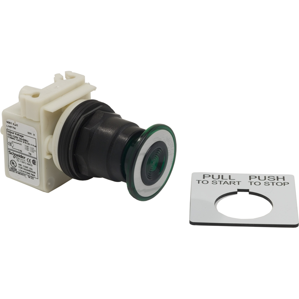 Mayer-DDS-Illuminated push-button head, Harmony 9001SK, plastic, mushroom 41mm, green, 30mm, 2 positions, push-pull, 110-120V-1
