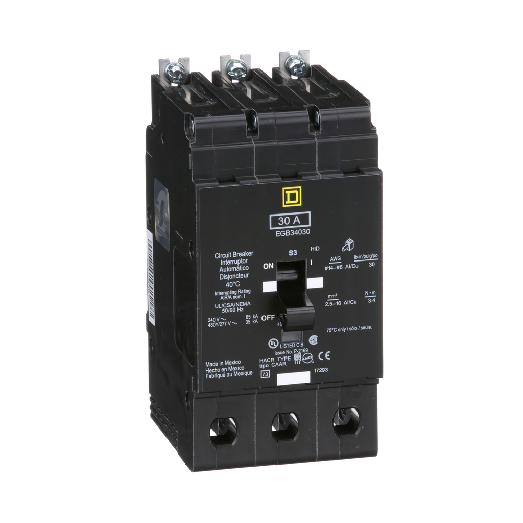 EGB34030 – Mini circuit breaker, E-Frame, 30A, 3 pole, 480Y/277VAC, 65kA max, bolt on