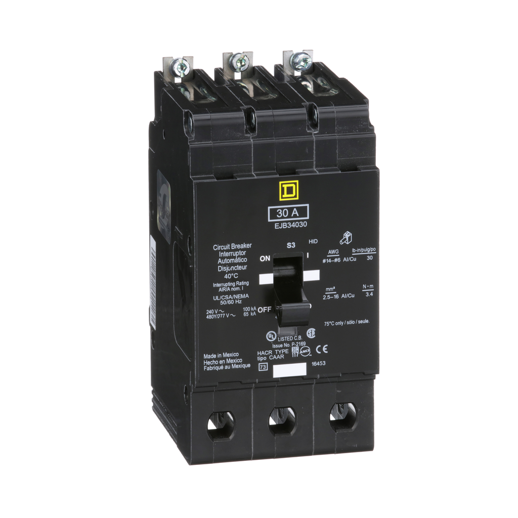 EJB34030 – Mini circuit breaker, E-Frame, 30A, 3 pole, 480Y/277VAC, 100kA max, bolt on