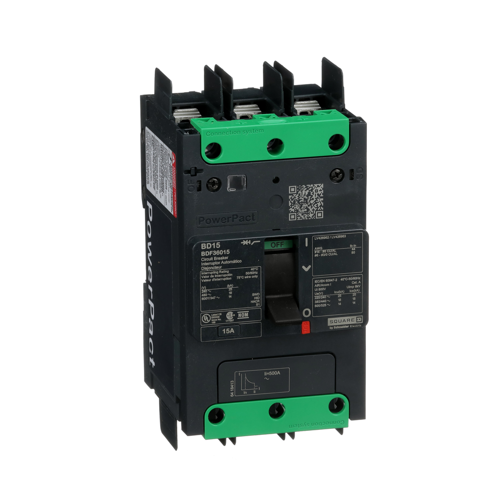 BDF36015 – Circuit breaker, PowerPacT B, 15A, 3 pole, 600Y/347VAC, 14kA, terminal nut, thermal magnetic, 80%