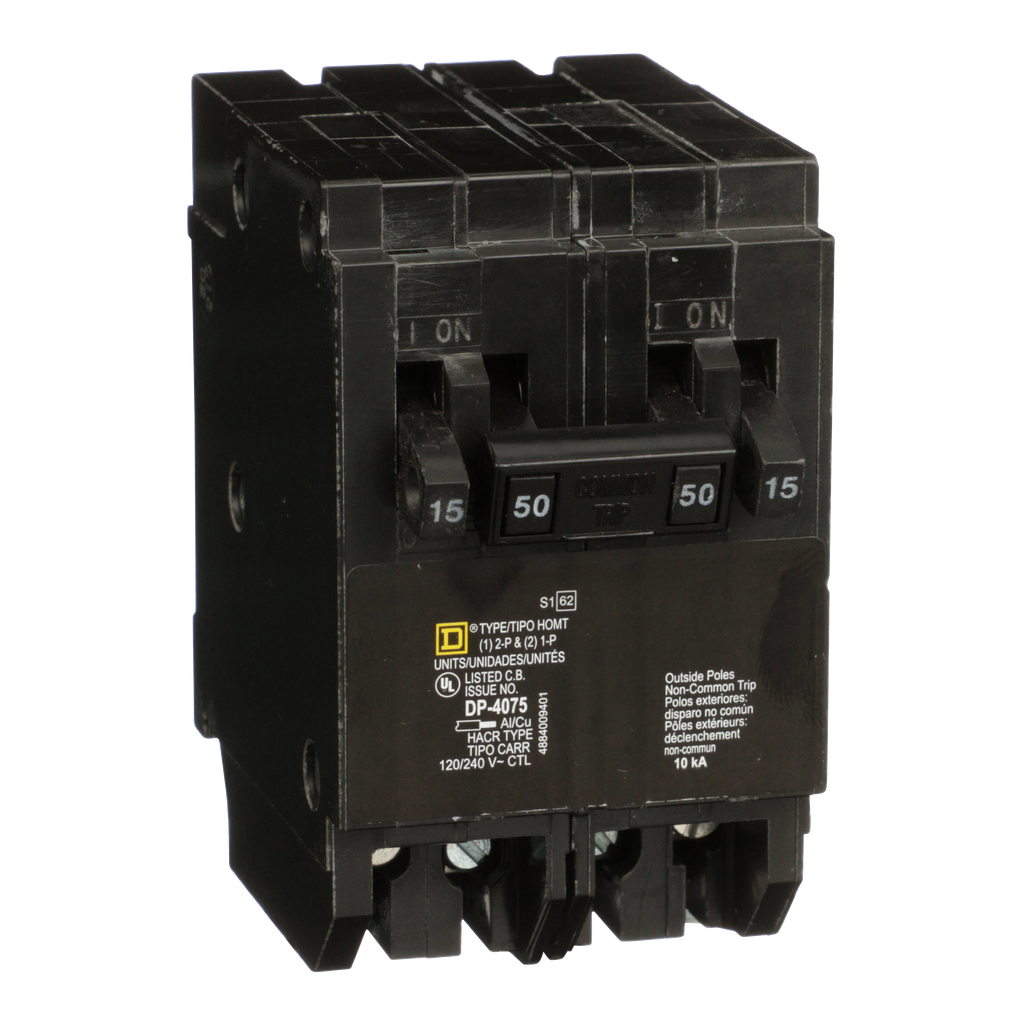 HOMT1515250 – Tandem circuit breaker, Homeline, 2 x 1 pole at 15A, 1 x 2 pole at 50A, 120/240VAC, 10kA AIR, plug in, UL
