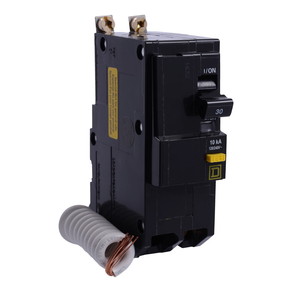 QOB230GFI35 – Mini circuit breaker, QO, 30A, 2 pole, 120/240VAC, 10kA, bolt on, 6mA grd fault A, pigtail, 50 deg C