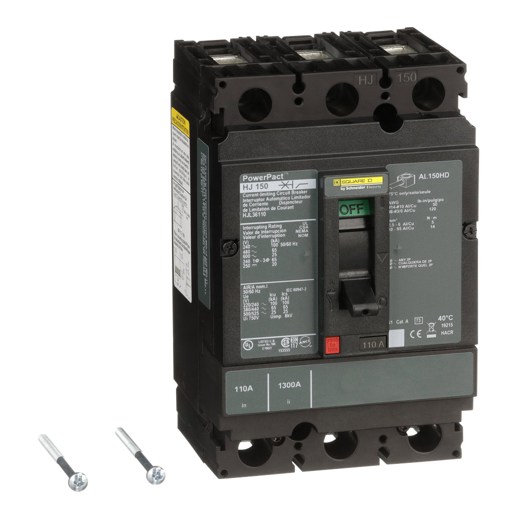 HJL36110 – Circuit breaker, PowerPacT H, 110A, 3 pole, 600VAC, 25kA, lugs, thermal magnetic, 80%