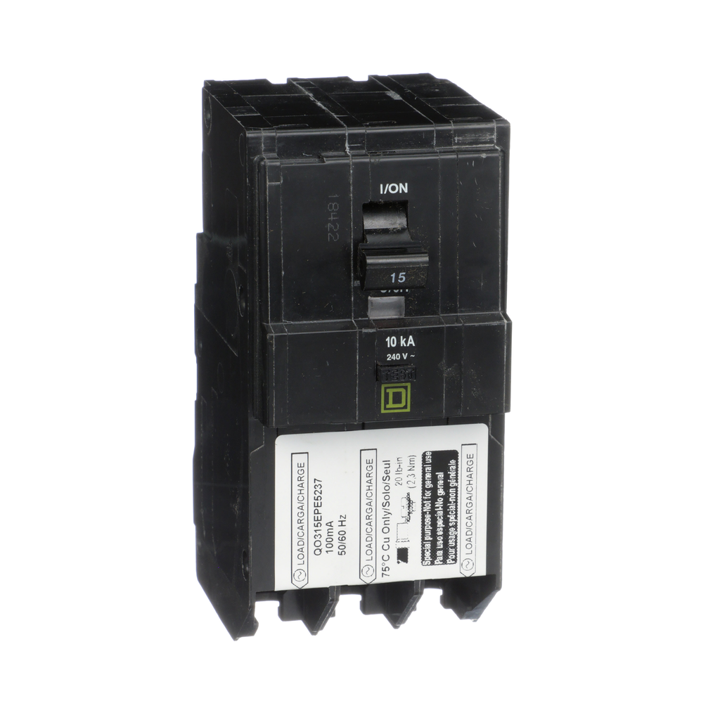 QO315EPE5237 – Mini circuit breaker, QO, 15A, 3 pole, 240VAC, 10kA, plug in, 100mA grd fault B, ring