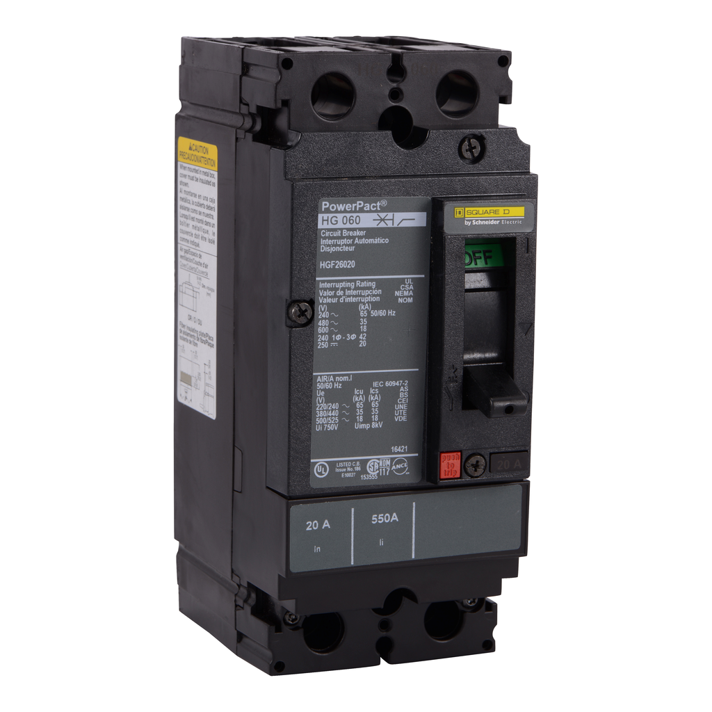 HGF26100 – Circuit breaker, PowerPacT H, 100A, 2 pole, 600VAC, 18kA, busbar, thermal magnetic, 80%
