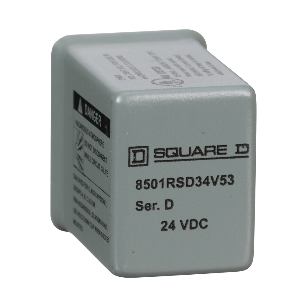 8501RSD34V53 – Plug in relay, Type R, hermetically sealed miniature, 5A resistive at 240 VAC, 14 blade, 4PDT, 4 NO, 4 NC, 24 VDC coil
