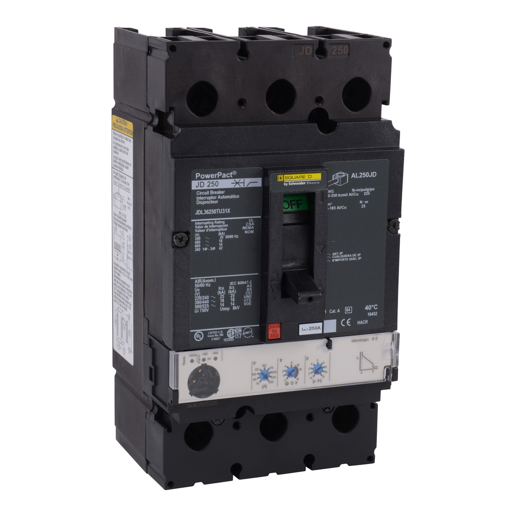 JDL36250TU31X – Circuit breaker, PowerPacT J, 250A, 3 pole, 600VAC, 14kA, lugs, Micrologic 3.2, 80%