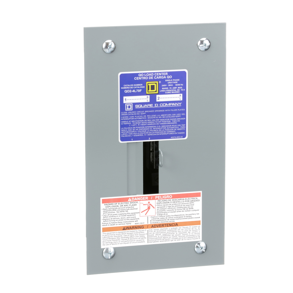 QO24L70F – Load center, QO, 1 phase, 2 spaces, 4 circuits, 70A fixed main lugs, NEMA1, flush cover