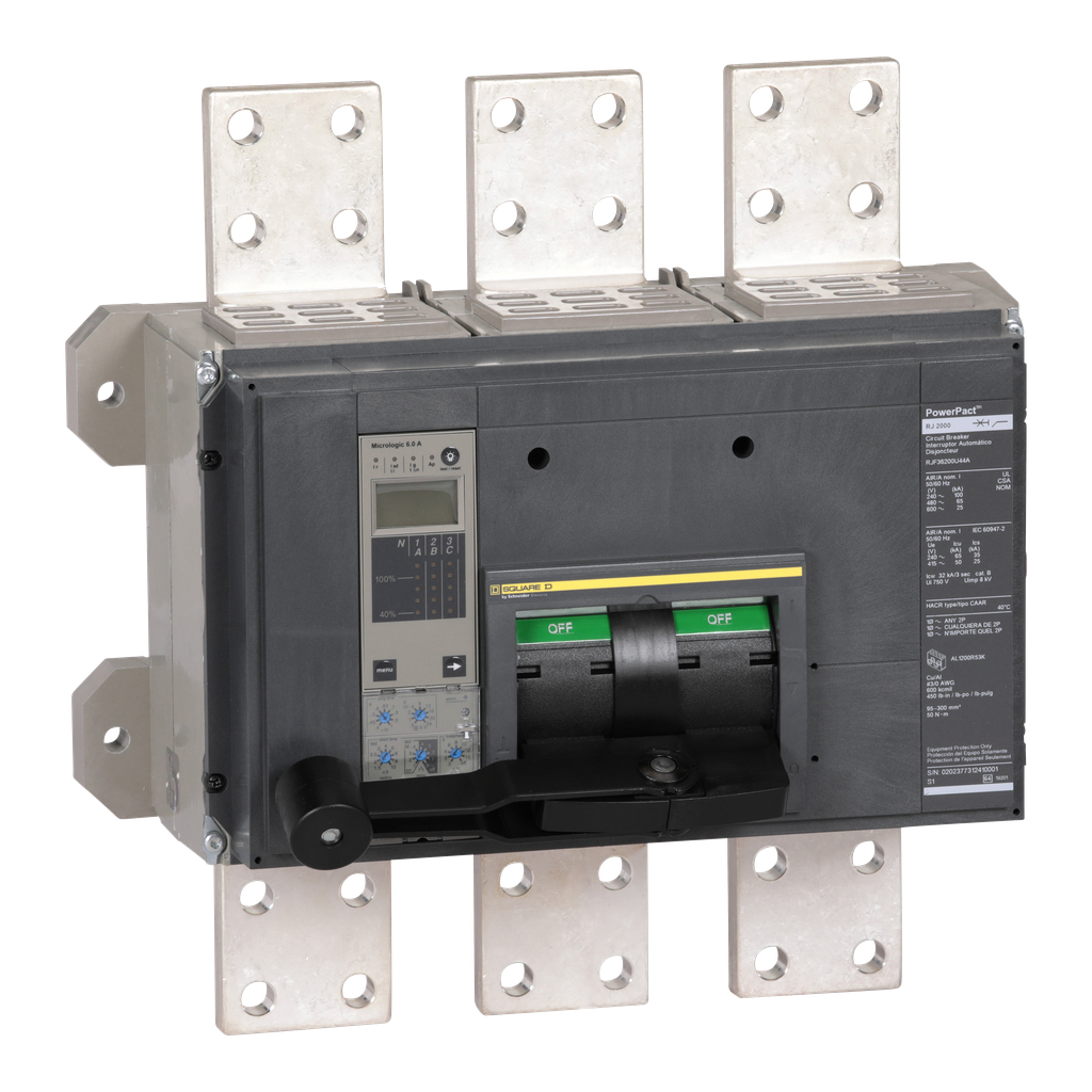 RJF36200U44A – Circuit breaker, PowerPacT R, 2000A, 3 pole, 600VAC, 25kA, busbar, Micrologic 6.0A, 80%