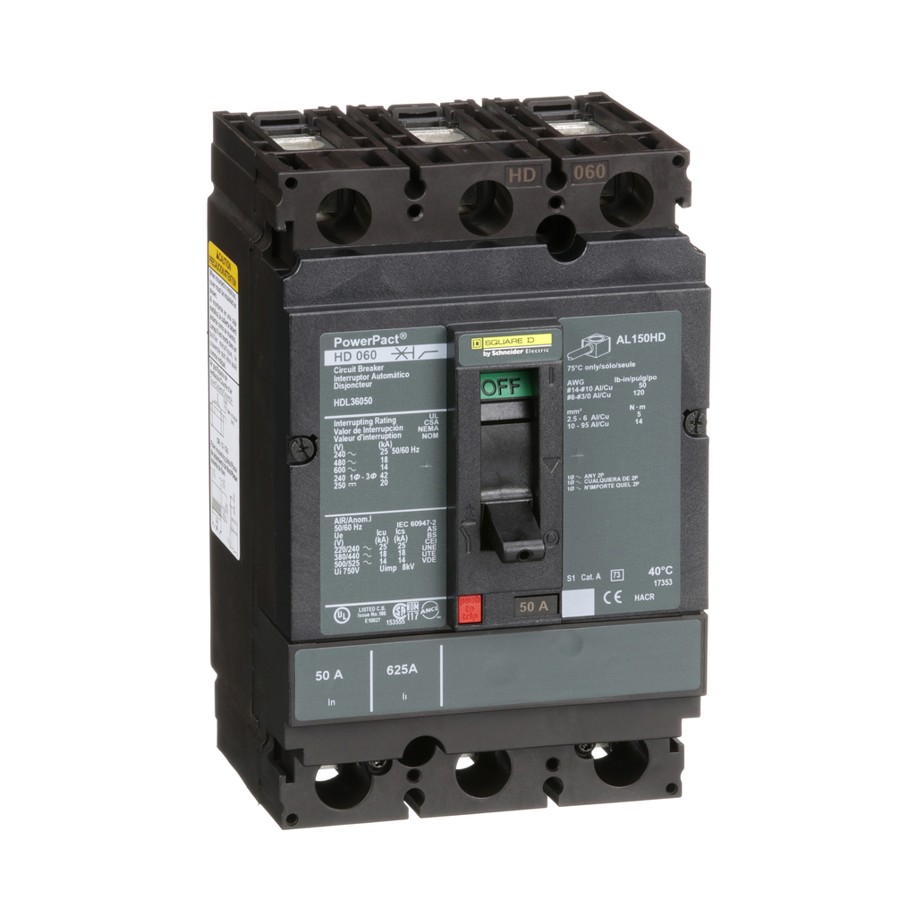 HDL36050 – Circuit breaker, PowerPacT H, 50A, 3 pole, 600VAC, 14kA, lugs, thermal magnetic, 80%