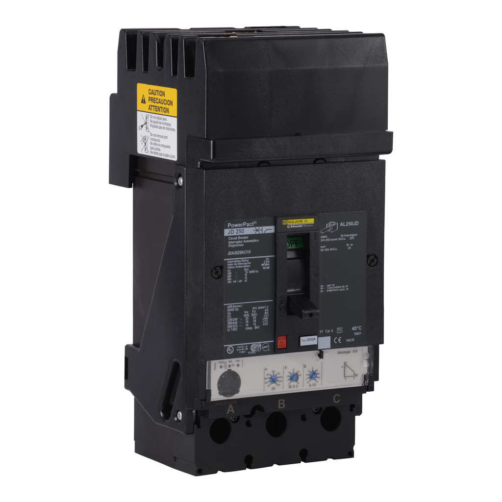 JDA36250U31X – Circuit breaker, PowerPacT J, 250A, 3 pole, 600VAC, 14kA, I-Line, Micrologic 3.2, 80%, ABC