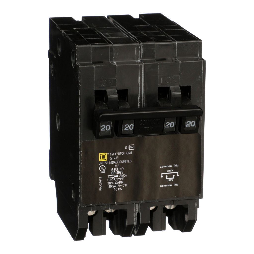 HOMT220220 – Quad tandem circuit breaker, Homeline, 2 x 2 pole at 20A, 120/240VAC, 10kA AIR, plug in, UL
